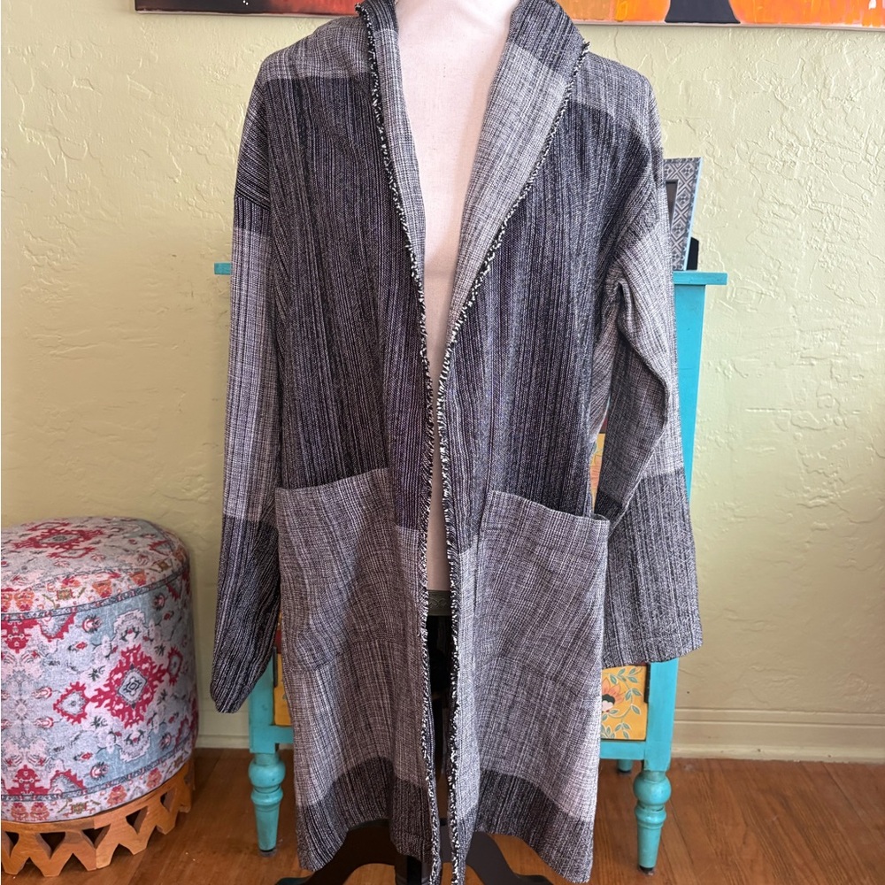 NWT Eileen Fisher 100% Organic Cotton Black and Gray S/M Open Cardigan